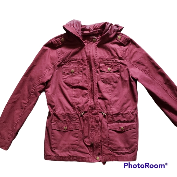 Outer Edge Purple Plum Utility Canvas Jacket with Drawsting Hoodie Size Medium - Picture 2 of 9